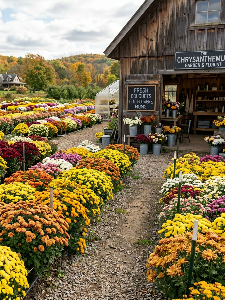 Woman picking chrysanthemums at a flower farm with rows of colorful blooms