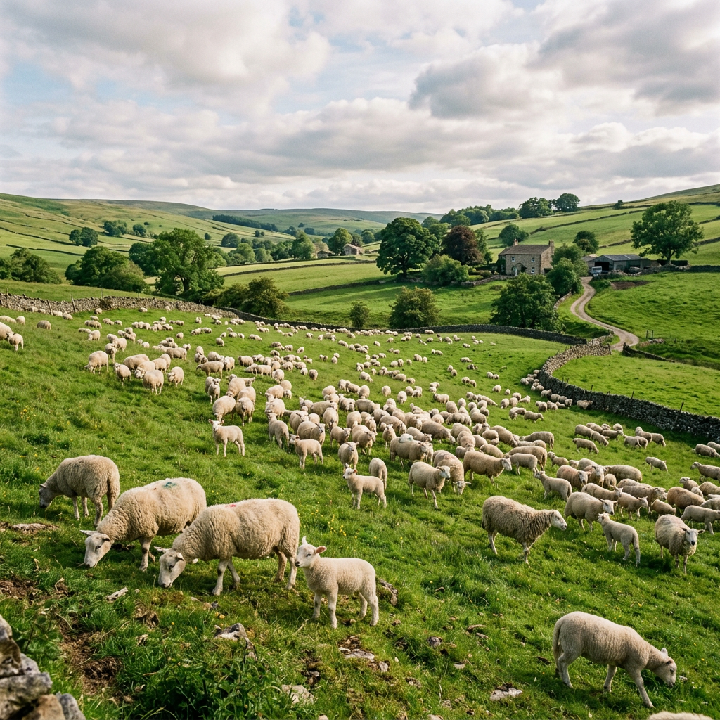 Flock of sheep grazing on lush green hills with stone walls and farmhouse in background